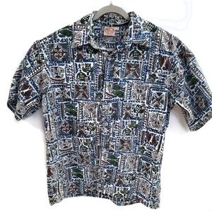Go Barefoot Shirt Mens Large Blue Brown Green Hawaiian Aloha Tapa‎ Print USA